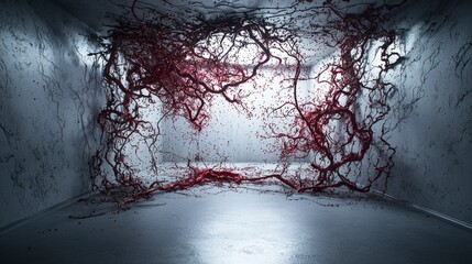 Fototapete - Fragile ribbons spattering in an abandoned urban space art installation a surreal perspective