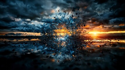 Leinwandbilder - Cascading shattered ideas at sunset over a boundless reflective surface abstract scene artistic view
