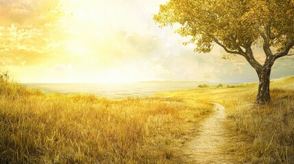 Wall Mural - Golden sunset path, autumn tree, peaceful landscape, nature serenity