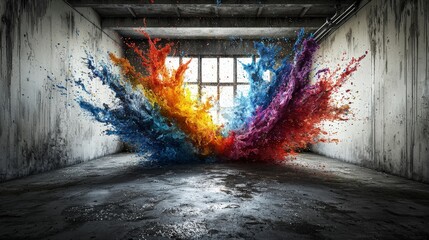 Leinwandbilder - Colorful explosion of liquid art in abandoned room urban environment artistic photography