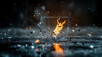 Poster - Shattering glass with fiery flames abstract art dark background dynamic scene emotional impact