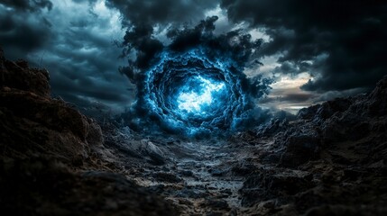 Poster - Mysterious cosmic void erupts in abandoned landscape digital art dark atmosphere surreal perspective