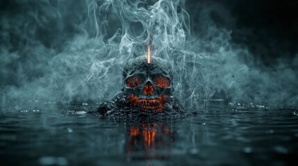 Aufkleber - Haunting skull emerging from foggy water dark atmosphere digital art surreal environment low angle view