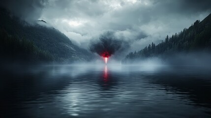 Wall Mural - Mysterious light emanates from foggy lake nature scene ethereal atmosphere serene viewpoint emotional essence