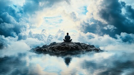 Aufkleber - Contemplation amidst clouds rocky island digital art tranquil environment serene viewpoint inner reflection