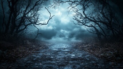 Poster - Darkness eroding memories haunting scene in a foggy forest at night digital art mysterious atmosphere
