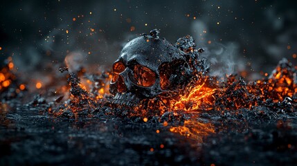 Poster - Eerie skull eruption dark lava landscape digital art macabre environment close-up surreal concept