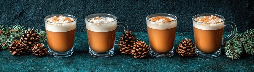 Poster - Four mugs of creamy winter beverage, pine cones, festive background