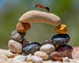 Wall Mural - An ant climbs over a small stone arch made of various pebbles, showcasing nature's beauty and intricate structures.