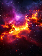 Wall Mural - a vibrant cosmic scene featuring swirling colors of purple, orange, and black, depicting a nebula fi
