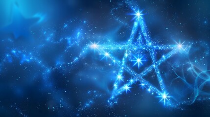 Wall Mural - A vibrant, blue background is filled with shining stars that form a large pentagram shape. The image has a magical, celestial, and ethereal atmosphere with sparkling effects.