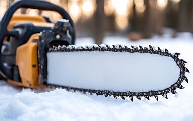 A close-up of a chainsaw resting on snow, showcasing its sharp blade and rugged design amidst a blurred forest background.