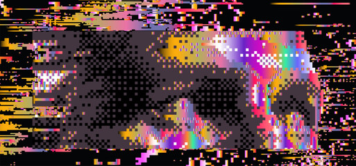 Aufkleber - Digital vector illustration features a glitchy, pixelated eyes. It has vibrant shades of pink, yellow, and blue, resembling a distorted screen or digital noise effect.