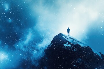 Wall Mural - A lone hiker reaches a snowy mountain peak during a blizzard, a triumphant moment amidst challenging weather.