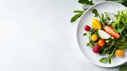 Wall Mural - Fresh garden salad with mixed greens and colorful vegetables on white plate.