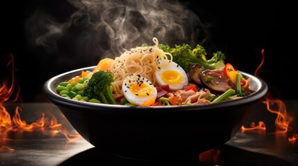 A steamy bowl of ramen with fresh vegetables and eggs set on fire