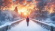 © BloomArt - Person walking snowy bridge winter sunrise cityscape