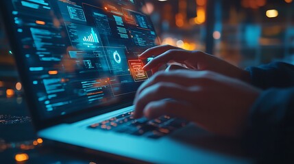 Person using laptop with futuristic interface at night.