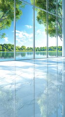 Wall Mural - Modern office, lake view, sunlight, green trees, marble floor, serene workspace