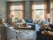 © RaksaLinggo - Serene Living Room with Blue Sectional Sofa and Natural Light