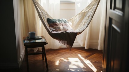 Wall Mural - Cozy 70s style lounge featuring a handmade macram hammock chair with vintage rattan furniture and warm sunlight creating a boho atmosphere