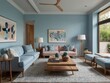 © RaksaLinggo - Serene Blue Living Room With Modern Artwork And Furniture