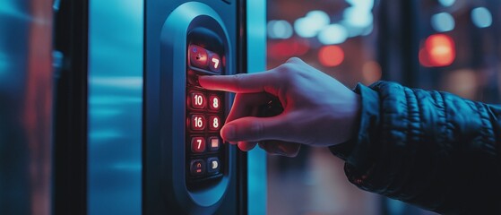 Detail of a diversified man's hand entering a code on a building lock.