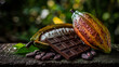 © anacronica - Cacao con pepas de cacao y tableta de chocolate en fondo natural desenfocado