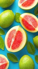 Wall Mural - Red citrus fruit halves, green citrus, leaves, blue background, food photography, recipe website