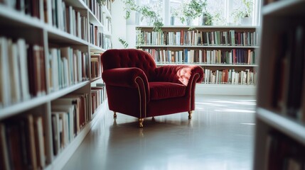 Wall Mural - Brightly colored armchair accentuates stylish reading corner with monochrome bookshelf and cozy interior elements