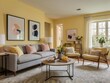 © RaksaLinggo - Modern Living Room Decor With Abstract Art And Yellow Walls