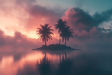 Canvas Print - Tropical sunset island palms misty ocean paradise