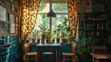 Wall Mural - Cozy Kitchen Nook with Plants and Colorful Decor in Morning Light