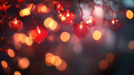 A romantic Valentine's Day background with soft, glowing fairy lights in heart shapes, surrounded by a soft blurred backdrop.