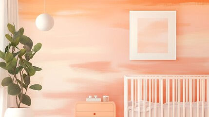 Wall Mural - Peach Nursery Decor With Crib Plant And Frame