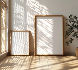 Poster - Minimalist Interior Scene with Wooden Picture Frames and Natural Light