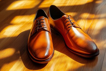 A Pair of Elegant Luxury Leather Dress Shoes Resting on a Polished Wooden Surface with Soft, Stylish Shadows