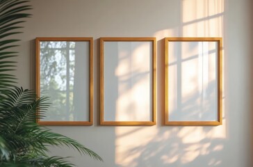 Poster - Minimalist Scandinavian Interior Scene with Empty Wooden Picture Frames on Beige Wall