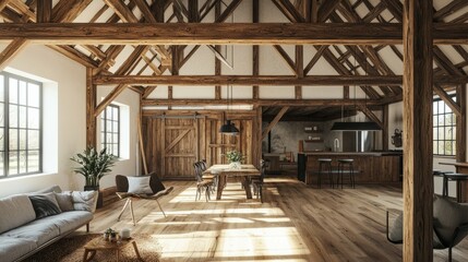 Wall Mural - Cozy Rustic Interior of a Modern Barn House with Wooden Beams