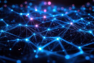 Fototapete - Futuristic Abstract Network of Interconnected Lines and Points with Glowing Neon Technology Background