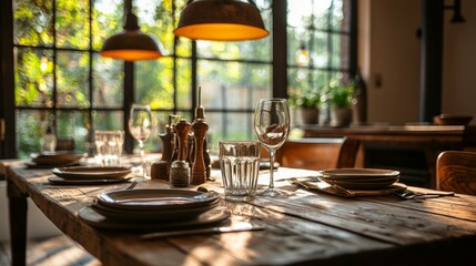 Wall Mural - Cozy Dining Table with Glassware and Natural Light in Restaurant