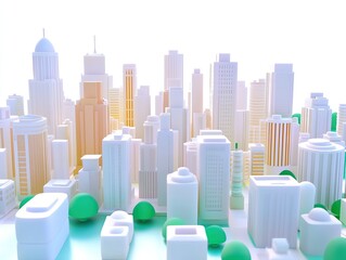 A vibrant, stylized depiction of a city skyline featuring modern buildings, greenery, and a bright, ethereal background