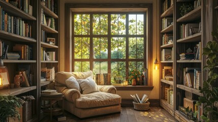 Wall Mural - Cozy Reading Nook with Bookshelves and Natural Light Filtering In