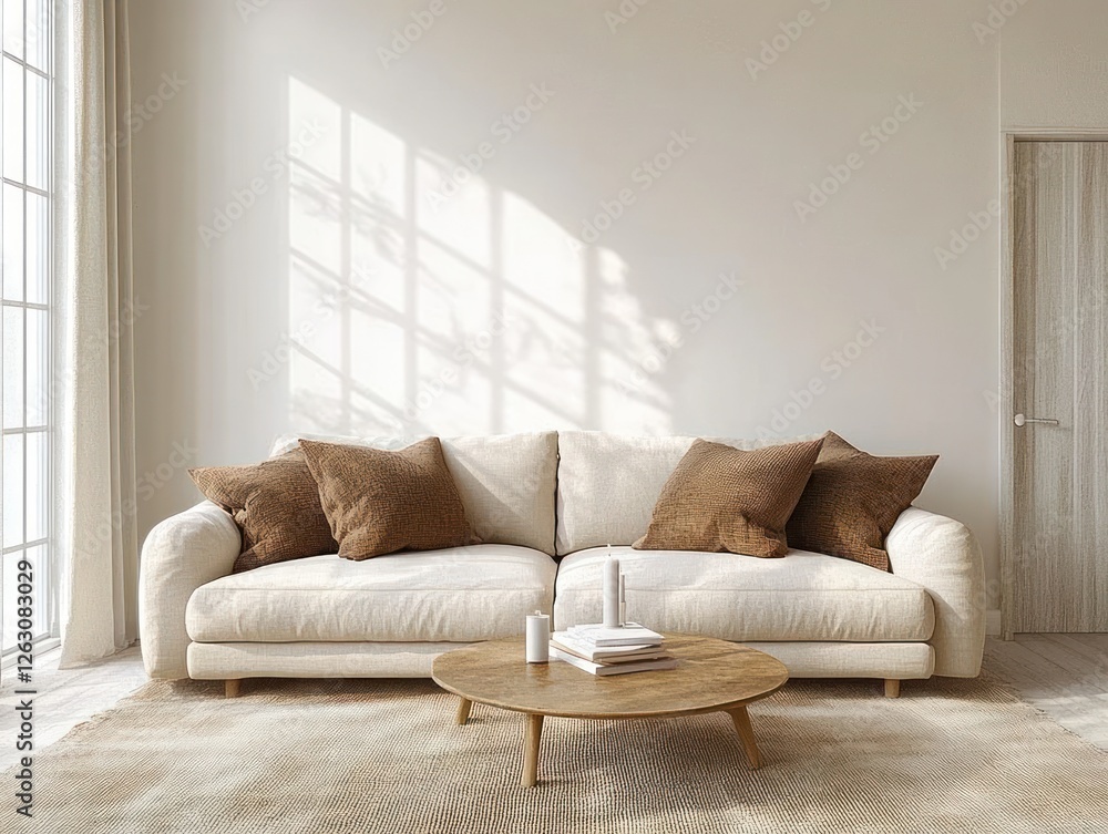 Image showcasing Minimalist Scandinavian Living Room Interior Design with Beige Sofa and ...