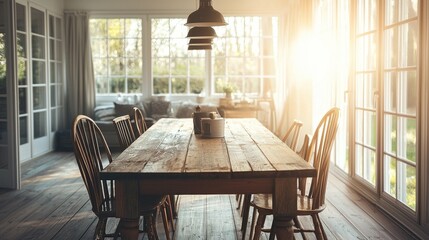 Wall Mural - Cozy farmhouse dining area with sunlight streaming through windows