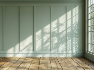 Aufkleber - Minimalistic Scandinavian Interior Design Pale Green Wall with Wooden Floor Natural Light
