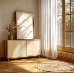 Poster - Cozy Scandinavian Interior with Natural Wood Elements and Soft Lighting