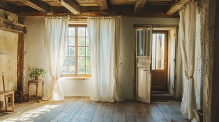 Wall Mural - Cozy Rustic Room with Sunlight and Light Drapes in Quaint Interior