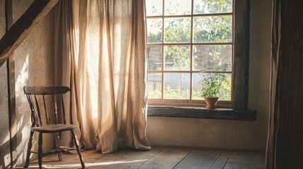 Wall Mural - Cozy Interior with Wooden Chair and Sunlit Window View