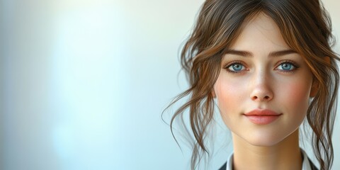 bright-eyed young woman with soft features and tousled hair showcases beauty in a serene indoor sett